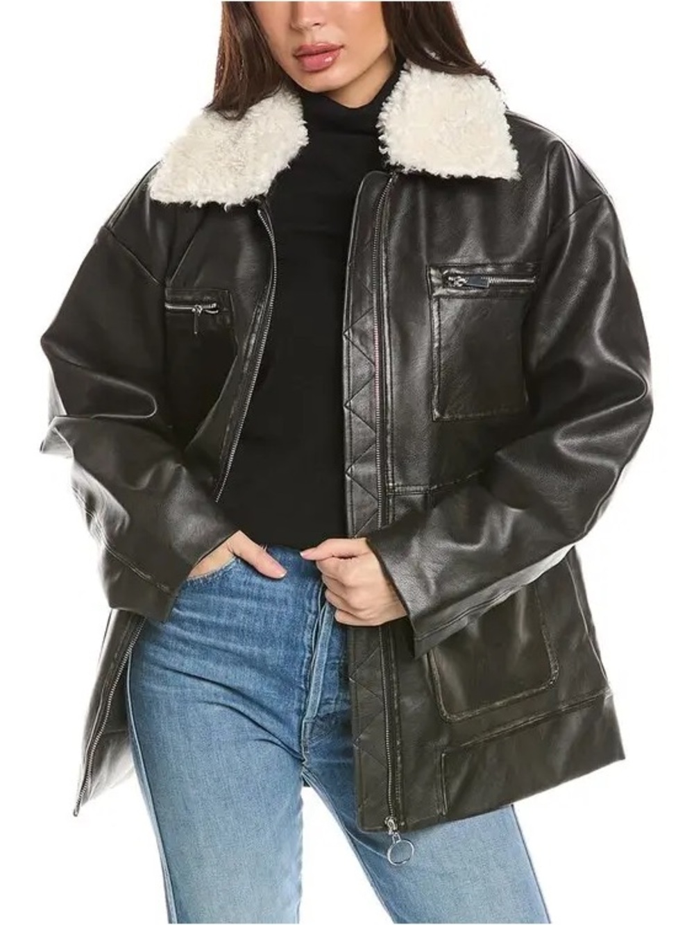 WeWoreWhat Dark Brown Faux Leather Jacket with Cream Shearling Collar